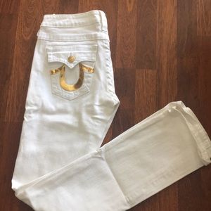 True Religion bootcut white jeans with gold accent